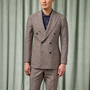 Spier & Mackay Brown Plaid Double Breasted Wool-Linen Suit -- 36S, 30W
